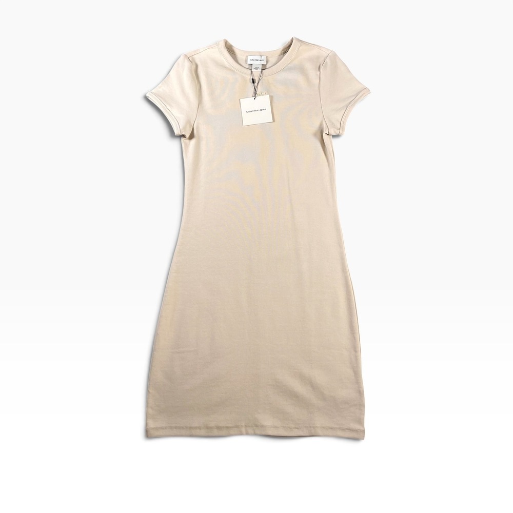 Calvin Klein Jeans Womens Beige Short Sleeve T-Shirt Mini Dress Size Medium NWT